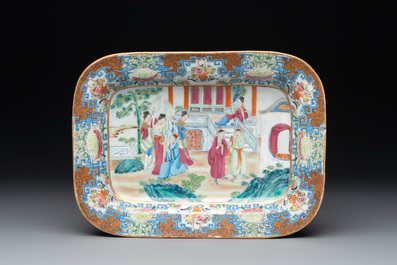 A Chinese Canton famille rose 'mandarin subject' oval dish, a strainer, a covered tureen and stand, 19th C.