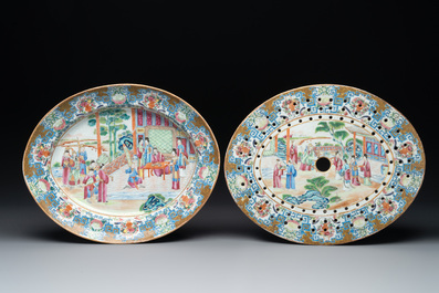 A Chinese Canton famille rose 'mandarin subject' oval dish, a strainer, a covered tureen and stand, 19th C.