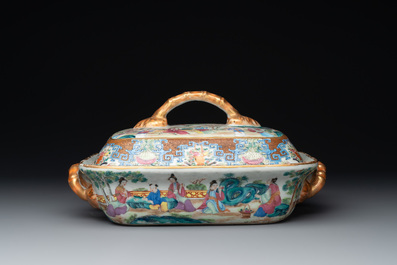 A Chinese Canton famille rose 'mandarin subject' oval dish, a strainer, a covered tureen and stand, 19th C.