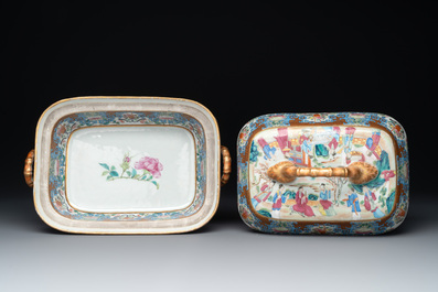 A Chinese Canton famille rose 'mandarin subject' oval dish, a strainer, a covered tureen and stand, 19th C.