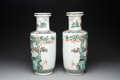 A pair of Chinese famille verte rouleau vases with narrative design, 19th C.