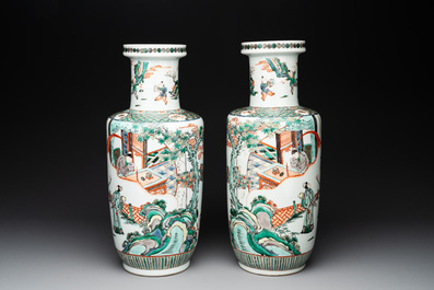 A pair of Chinese famille verte rouleau vases with narrative design, 19th C.