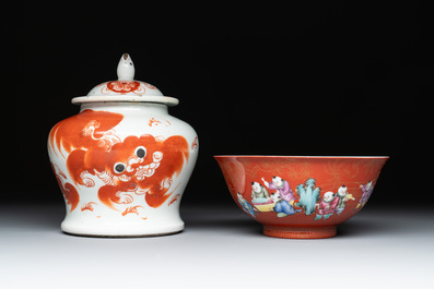 Nine famille rose and blue and white wares, signed Xu Shenmao徐甡茂, Jiaqing and Chenghua mark, 19/20th C.