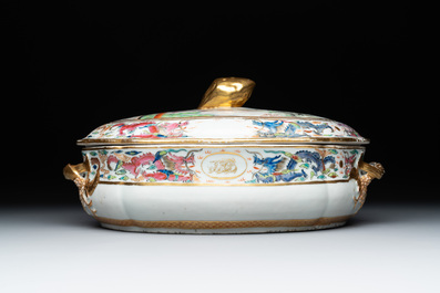 A Chinese export famille rose 'JFCB' monogrammed tureen and cover with narrative design, 19th C.