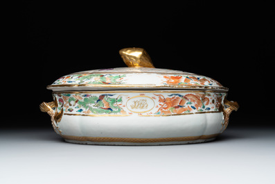 A Chinese export famille rose 'JFCB' monogrammed tureen and cover with narrative design, 19th C.