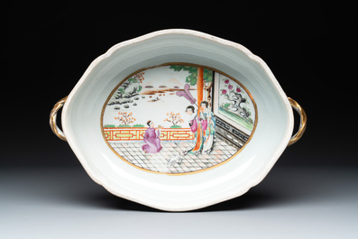 A Chinese export famille rose 'JFCB' monogrammed tureen and cover with narrative design, 19th C.