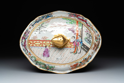 A Chinese export famille rose 'JFCB' monogrammed tureen and cover with narrative design, 19th C.