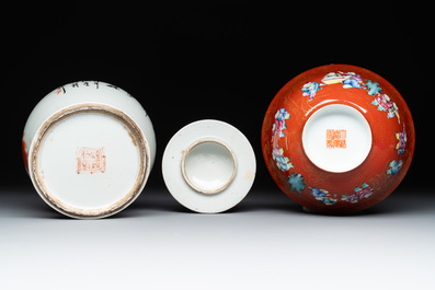 Nine famille rose and blue and white wares, signed Xu Shenmao徐甡茂, Jiaqing and Chenghua mark, 19/20th C.