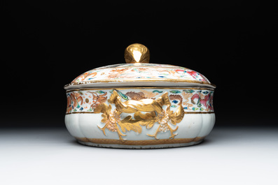 A Chinese export famille rose 'JFCB' monogrammed tureen and cover with narrative design, 19th C.