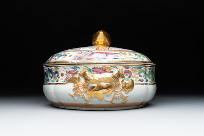 A Chinese export famille rose 'JFCB' monogrammed tureen and cover with narrative design, 19th C.