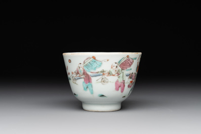 A Chinese famille rose 'butterflies' bowl, a 'boys and kilin' cup and a famille verte 'warriors' bowl, Jiaqiang mark and of the period and 19th C.