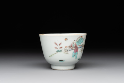 A Chinese famille rose 'butterflies' bowl, a 'boys and kilin' cup and a famille verte 'warriors' bowl, Jiaqiang mark and of the period and 19th C.