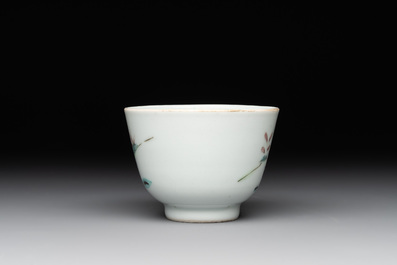 A Chinese famille rose 'butterflies' bowl, a 'boys and kilin' cup and a famille verte 'warriors' bowl, Jiaqiang mark and of the period and 19th C.