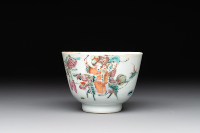 A Chinese famille rose 'butterflies' bowl, a 'boys and kilin' cup and a famille verte 'warriors' bowl, Jiaqiang mark and of the period and 19th C.