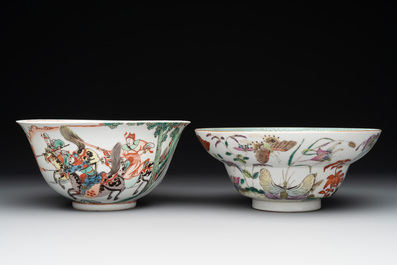 A Chinese famille rose 'butterflies' bowl, a 'boys and kilin' cup and a famille verte 'warriors' bowl, Jiaqiang mark and of the period and 19th C.