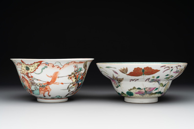 A Chinese famille rose 'butterflies' bowl, a 'boys and kilin' cup and a famille verte 'warriors' bowl, Jiaqiang mark and of the period and 19th C.