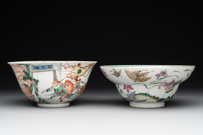 A Chinese famille rose 'butterflies' bowl, a 'boys and kilin' cup and a famille verte 'warriors' bowl, Jiaqiang mark and of the period and 19th C.