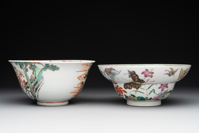 A Chinese famille rose 'butterflies' bowl, a 'boys and kilin' cup and a famille verte 'warriors' bowl, Jiaqiang mark and of the period and 19th C.