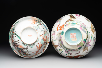 A Chinese famille rose 'butterflies' bowl, a 'boys and kilin' cup and a famille verte 'warriors' bowl, Jiaqiang mark and of the period and 19th C.