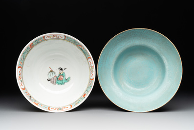 A Chinese famille rose 'butterflies' bowl, a 'boys and kilin' cup and a famille verte 'warriors' bowl, Jiaqiang mark and of the period and 19th C.