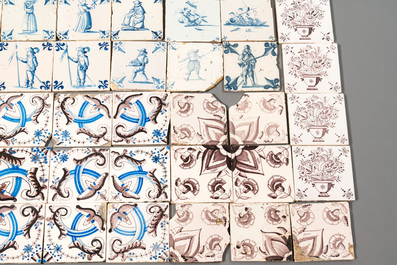 90 manganese, blue and white Dutch Delft tiles, 17/18th C.