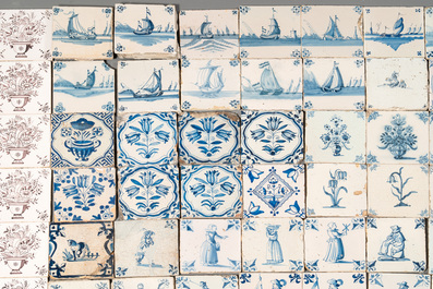 90 manganese, blue and white Dutch Delft tiles, 17/18th C.