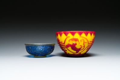 A Chinese blue-overlay white Beijing glass vase, a multi-colour brush pot and three bowls, 19th C.