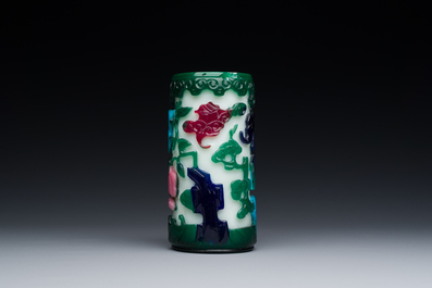 A Chinese blue-overlay white Beijing glass vase, a multi-colour brush pot and three bowls, 19th C.