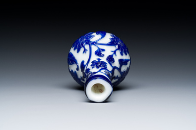 A Chinese blue-overlay white Beijing glass vase, a multi-colour brush pot and three bowls, 19th C.