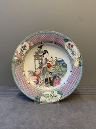 An extremely fine pair of Chinese famille rose 'ruby back' eggshell plates with a lady and playing boys, Yongzheng