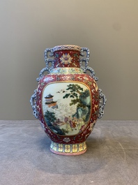 A fine Chinese famille rose ruby-sgraffito-ground 'Hai Wu Tian Shou 海屋添壽' vase with 'chilong' handles, Qianlong mark and of the period