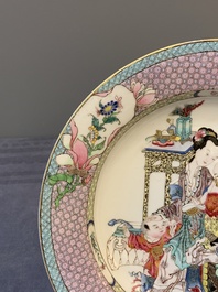 An extremely fine pair of Chinese famille rose 'ruby back' eggshell plates with a lady and playing boys, Yongzheng