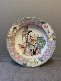 An extremely fine pair of Chinese famille rose 'ruby back' eggshell plates with a lady and playing boys, Yongzheng