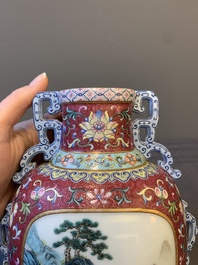 A fine Chinese famille rose ruby-sgraffito-ground 'Hai Wu Tian Shou 海屋添壽' vase with 'chilong' handles, Qianlong mark and of the period