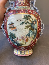 A fine Chinese famille rose ruby-sgraffito-ground 'Hai Wu Tian Shou 海屋添壽' vase with 'chilong' handles, Qianlong mark and of the period