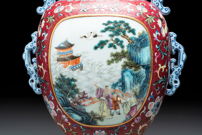 A fine Chinese famille rose ruby-sgraffito-ground 'Hai Wu Tian Shou 海屋添壽' vase with 'chilong' handles, Qianlong mark and of the period