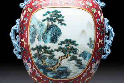 A fine Chinese famille rose ruby-sgraffito-ground 'Hai Wu Tian Shou 海屋添壽' vase with 'chilong' handles, Qianlong mark and of the period