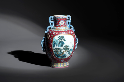 A fine Chinese famille rose ruby-sgraffito-ground 'Hai Wu Tian Shou 海屋添壽' vase with 'chilong' handles, Qianlong mark and of the period