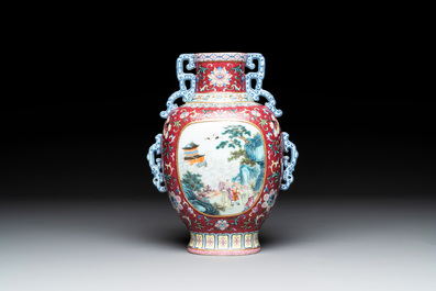 A fine Chinese famille rose ruby-sgraffito-ground 'Hai Wu Tian Shou 海屋添壽' vase with 'chilong' handles, Qianlong mark and of the period