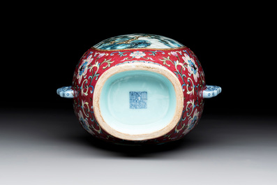 A fine Chinese famille rose ruby-sgraffito-ground 'Hai Wu Tian Shou 海屋添壽' vase with 'chilong' handles, Qianlong mark and of the period