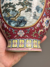 A fine Chinese famille rose ruby-sgraffito-ground 'Hai Wu Tian Shou 海屋添壽' vase with 'chilong' handles, Qianlong mark and of the period