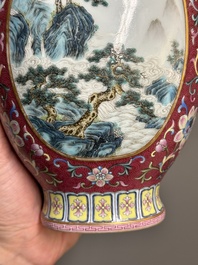 A fine Chinese famille rose ruby-sgraffito-ground 'Hai Wu Tian Shou 海屋添壽' vase with 'chilong' handles, Qianlong mark and of the period