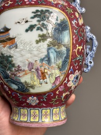 A fine Chinese famille rose ruby-sgraffito-ground 'Hai Wu Tian Shou 海屋添壽' vase with 'chilong' handles, Qianlong mark and of the period