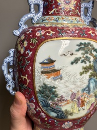 A fine Chinese famille rose ruby-sgraffito-ground 'Hai Wu Tian Shou 海屋添壽' vase with 'chilong' handles, Qianlong mark and of the period