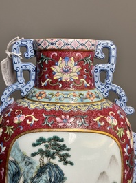 A fine Chinese famille rose ruby-sgraffito-ground 'Hai Wu Tian Shou 海屋添壽' vase with 'chilong' handles, Qianlong mark and of the period