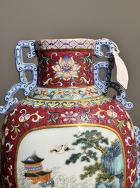 A fine Chinese famille rose ruby-sgraffito-ground 'Hai Wu Tian Shou 海屋添壽' vase with 'chilong' handles, Qianlong mark and of the period