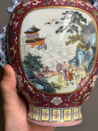 A fine Chinese famille rose ruby-sgraffito-ground 'Hai Wu Tian Shou 海屋添壽' vase with 'chilong' handles, Qianlong mark and of the period