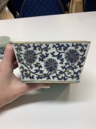 A Chinese gilt-decorated blue and white 'lotus scroll' square bowl, a saucer and a doucai 'dragon' cup, Daoguang mark and of the period