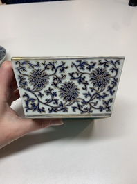 A Chinese gilt-decorated blue and white 'lotus scroll' square bowl, a saucer and a doucai 'dragon' cup, Daoguang mark and of the period