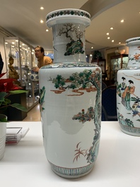 A pair of Chinese famille verte rouleau vases with narrative design, 19th C.